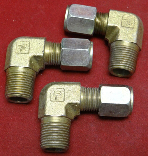 Lot of 3 Parker Elbows With Compression Nuts 3/8" Male NPT x 1/4" Male NPT