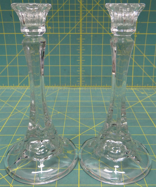 Set Of 2 Vintage 7.5 Inch Clear Glass Taper Candlestick Holders, Round Base