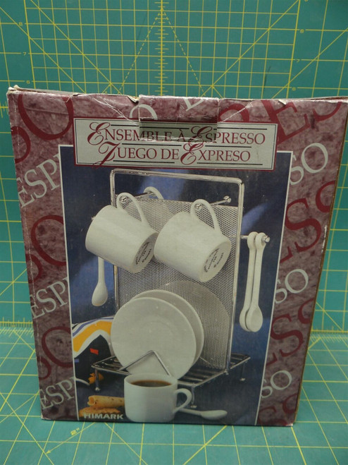 Himark Espresso Jet 12 pc. Porcelain Primavera Cups Saucers Spoons Chrome Rack