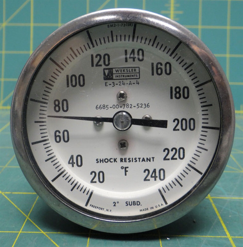 Weksler 3" Bimetallic 20-240°F Self-Indicating Thermometer NSN: 6685-00-782-5236