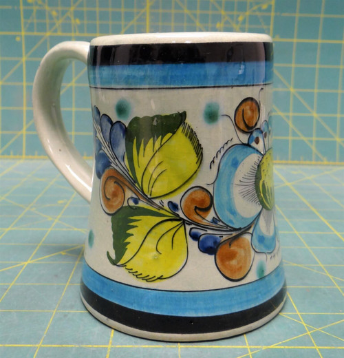 Vintage Blue Hand Painted Floral Flower Glazed Tonala Mexico Mug Stein Signed