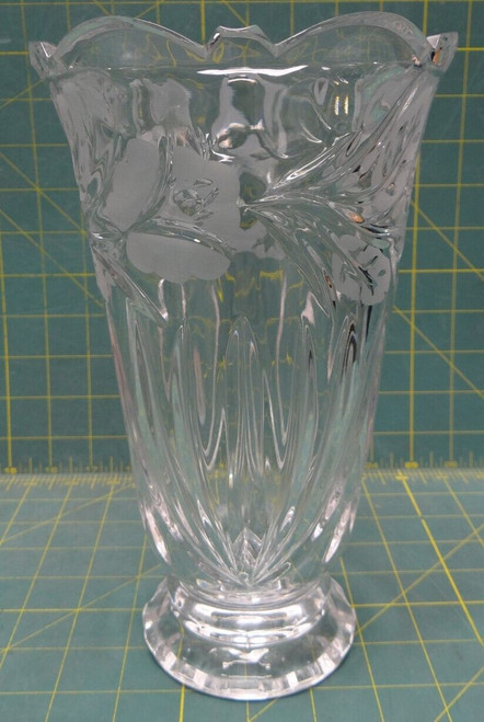 9 1/4" Tall Glass Vase Flared Top with Flowers Etched On