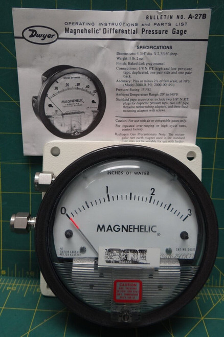 Mounted 4" Dwyer Magnehelic Pressure Gauge 0-3 Inches of Water Model 2003 Max. P