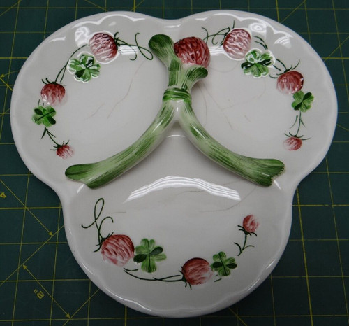 Ceramic 3 Section Plate or Candy Dish With Flowers and Four Leaf Clovers 8-3/4"