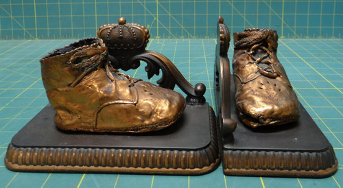 Pair Authentic Vintage Bronzed Baby Booties Book Ends with Crowns