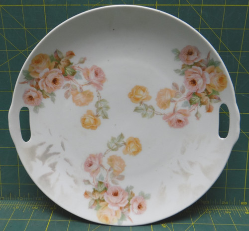 10 1/4" Diameter Germany Porcelain Rose Floral Cake Plate with Two Handles
