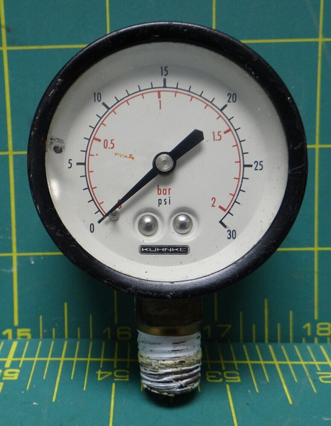 2" Kuhnke Pressure Gauge 0 to 30 PSI / 0 to 2 BAR, Bottom 1/4 NPT