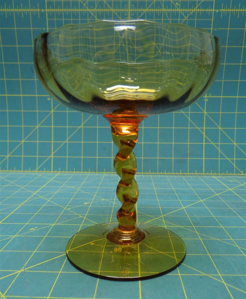 Vintage Amber Yellow Martini Glass, Cocktail Glass Twisted Stem, Scalloped Rim 