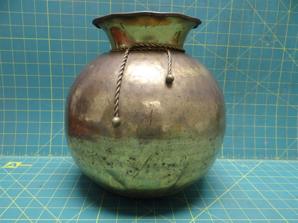 Vintage Hammered Brass Vase With Braided Rope Design 11" X 10"
