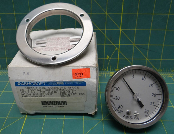 2.5" Ashcroft Duralife Gauge 30-0 VAC 0-30 PSI Back 1/4 NPT  6685-00-011-1998