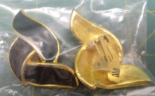 Gold and Black Colored Pair Clip-on Earrings Assymetrical Design 1in Length