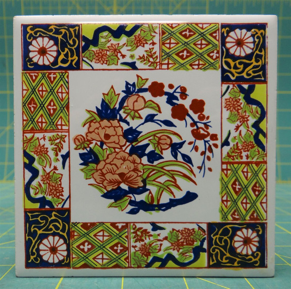Hand Crafted Ornate Green & Blue Floral Flower Footed Trivet Ceramic Tile 4-1/4"