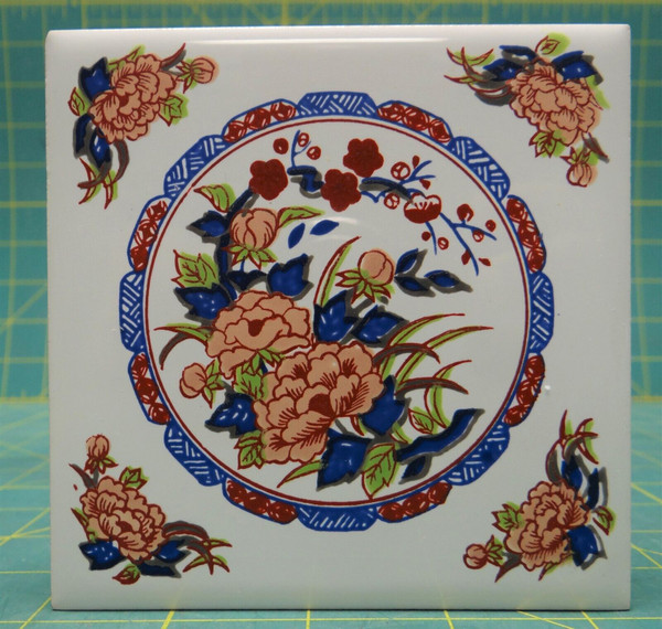 Hand Crafted Ornate Pink & Blue Floral Flower Footed Trivet Ceramic Tile 4-1/4"