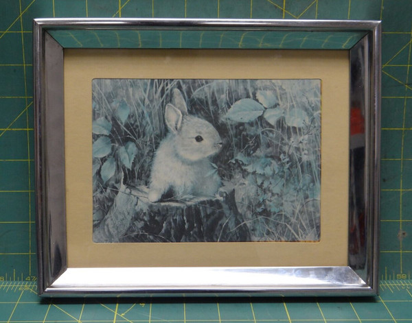 1980's Rabbit in Brush Tree Stump Rusty Weppi Print Artwork 10" X 8-1/8" X 1"