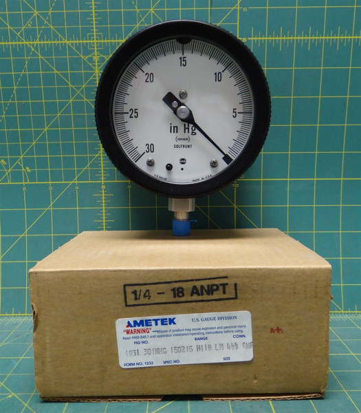 USG Ametek 1931 4-1/2" Solfrunt Gauge 30-0" HG 1/4"-18 ANPT Bottom Connection