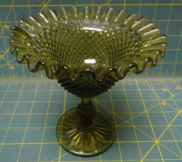 Vintage English Hobnail Ruffled Avocado Green Glass Compote 6 Inches Tall