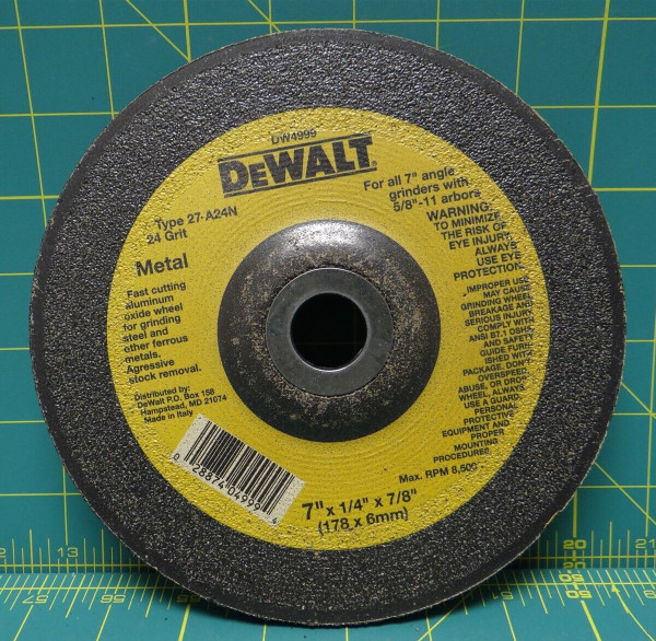7" Dewalt Metal Grinding Wheel Type 27 A24N 24 Grit, 7" x 1/4" x 7/8", DW4999