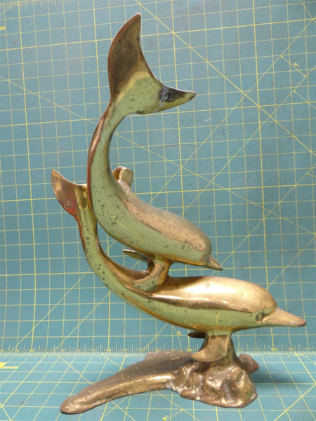 Large Brass Swimming Dolphin Pair Marine Nautical Statue 14.75" X 11.5" X 10.5"