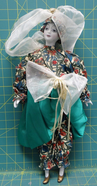 Porcelain/Cloth Doll 17-1/2" Tall, Green Flowered Outfit