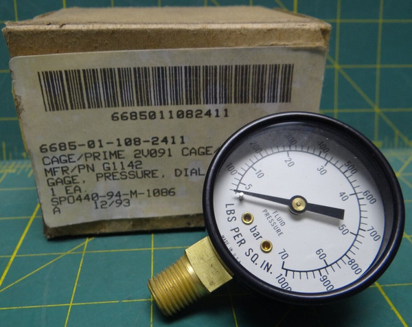 Fluid Pressure Gauge 2 1/2" 0-70 BAR 0-1000 PSI 6685-01-108-2411