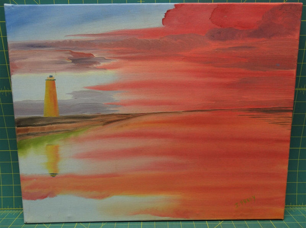 Original Handmade Acrylic Painting "Lighthouse At Sunset" Signed J. Brady 20x16