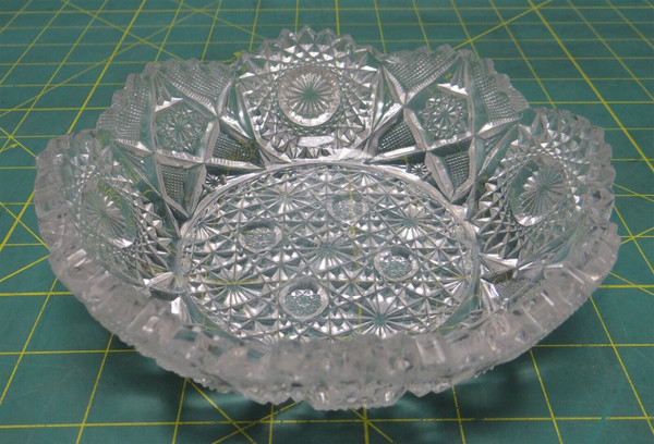 Deep Cut Pressed Clear Depression Hobnail Starburst Glass Bowl Candy Dish, 6.5"D
