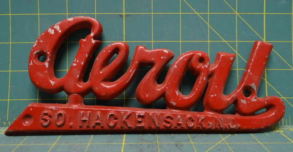 Antique Vintage "Aeroil So. Hackensack, N.J." Cast Iron Script Emblem Sign