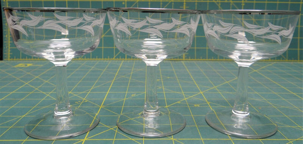Set Of 3 Vintage France Silver Rimmed Champagne Glasses With Leaf Design 4.5"