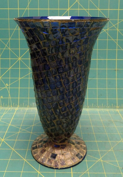 9" Tall Cobalt Blue Vase with Gold Tone Mosaic Tiles Made in India