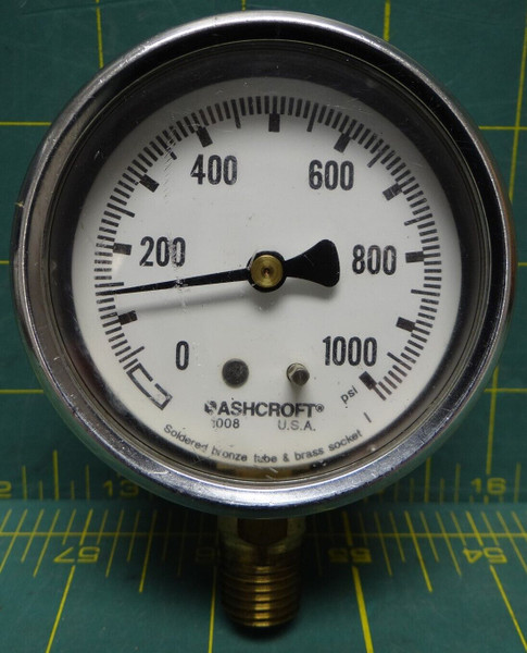 Used 2.5" Ashcroft Pressure Gauge 0-1000 PSI  Bottom 1/4" NPT Connection
