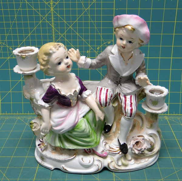 Vintage 1950's Porcelain Boy and Girl Figurine Plant Flower Pot Candleholder 