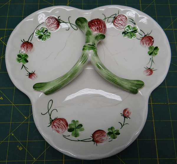 Ceramic 3 Section Plate or Candy Dish With Flowers and Four Leaf Clovers 8-3/4"