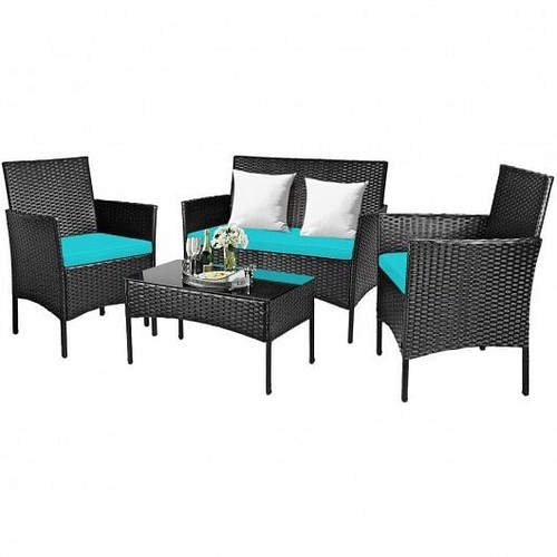 4 Pcs Patio Rattan Cushioned Sofa Furniture Set with Tempered Glass Coffee Table-Turquoise - Color: