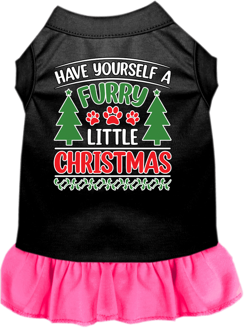 Furry Little Christmas Screen Print Dog Dress Black with Bright Pink Size XS