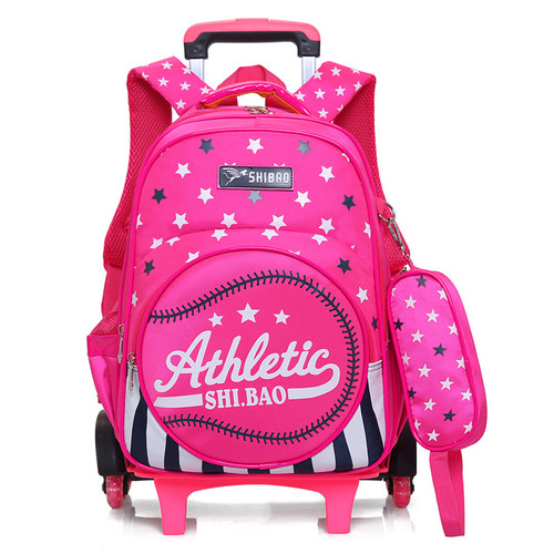 Color: Rose Red, Style: Two rounds - Waterproof Children's Three-Wheeled Trolley School Bag