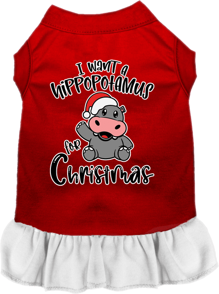 Hippo for Christmas Screen Print Dog Dress Red with White Size MD
