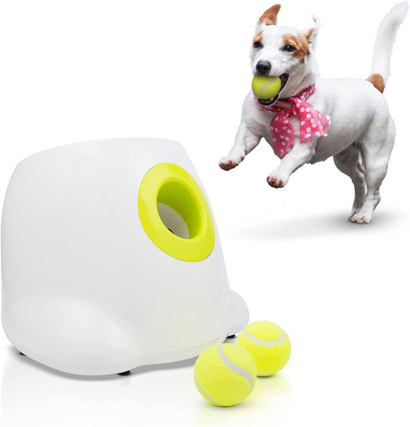 White Automatic Dog Ball Launcher Machine; Automatic Tennis Ball Thrower for Dogs 10.2 x 8.3 x 10.6