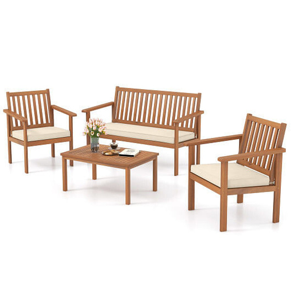 4 Piece Patio Wood Furniture Set Acacia Wood Sofa Set with Loveseat-Gray