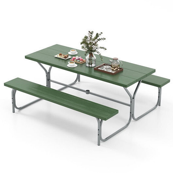 6 FT Picnic Table Bench Set Dining Table and 2 Benches with Metal Frame and HDPE Tabletop-Green - C