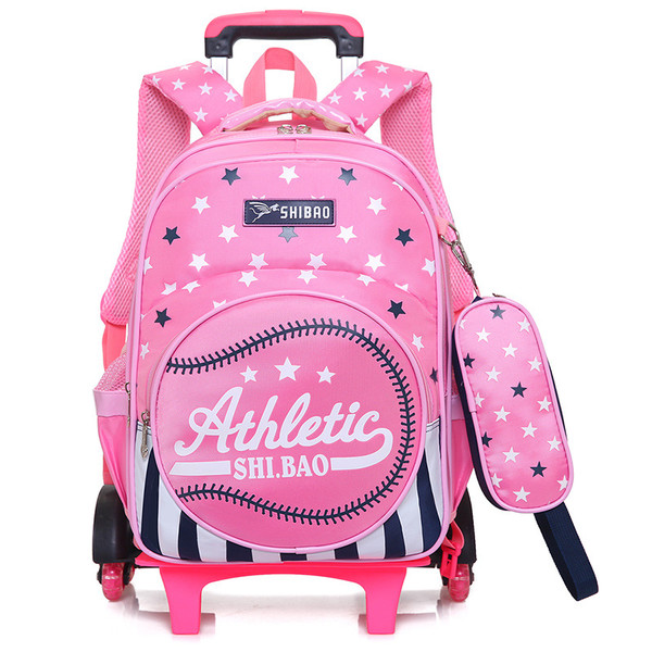 Color: Pink, Style: Two rounds - Waterproof Children's Three-Wheeled Trolley School Bag