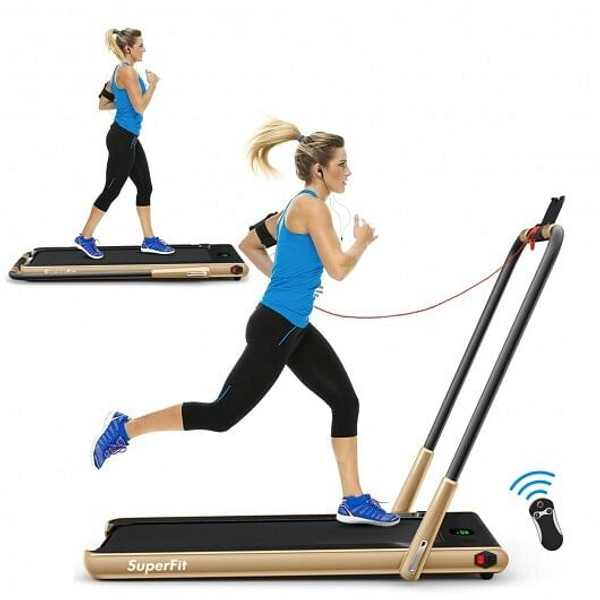 2-in-1 Folding Treadmill with Remote Control and LED Display-Golden - Color: Golden