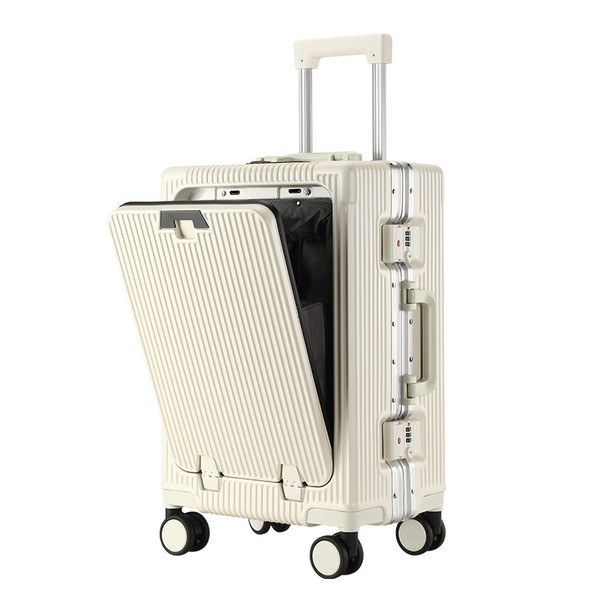 Color: White, Size: 24 Inches - Trolley Aluminum Frame Large Capacity Front Opening Luggage