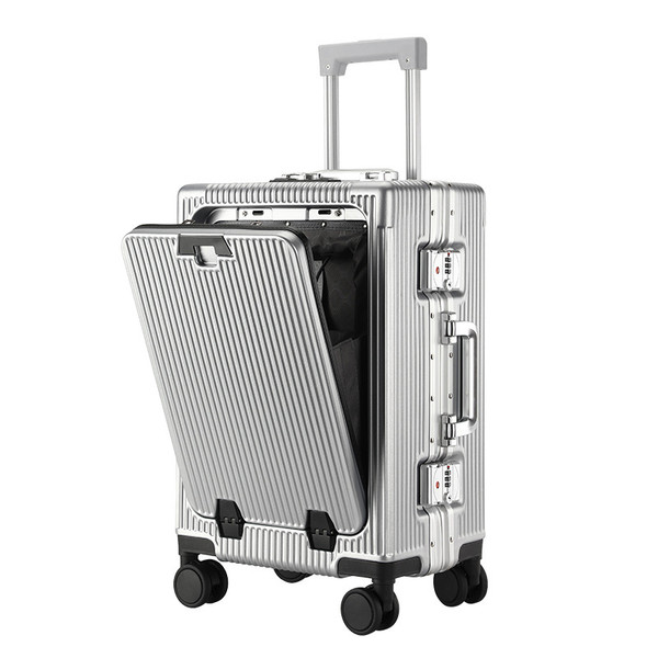 Color: Light Gray, Size: 20 Inches - Trolley Aluminum Frame Large Capacity Front Opening Luggage