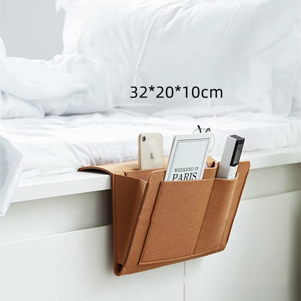 Color: Brown - Bed Storage Bag with Pocket Felt Bedside Hanger Table Sofa Bedroom Mattress Bedside 