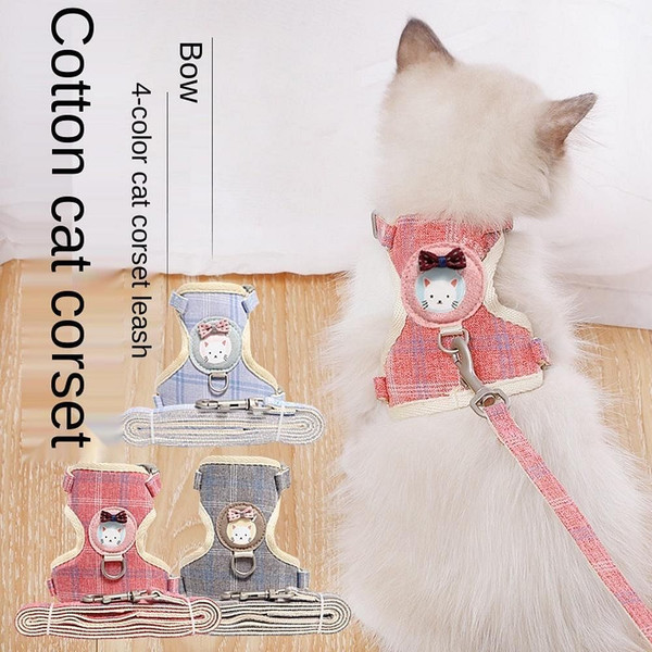 Adjustable Cats Leash Chest Strap Grid Printing Pet Outdoor Traction Rope Collars for Kitten Puppy 