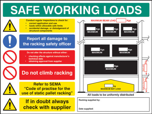 SWL pallet racking sign 5mm foamex 600x450mm - Safety Sign