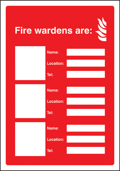 Fire wardens are (3 names, locations and numbers) - Safety Sign