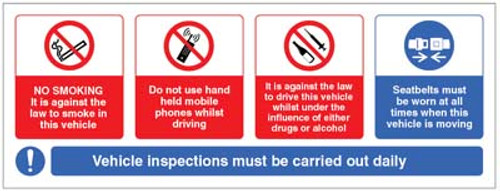 Vehicle sticker - no smoking, mobile phone, drink/drugs - wear seatbelt - Safety Sign