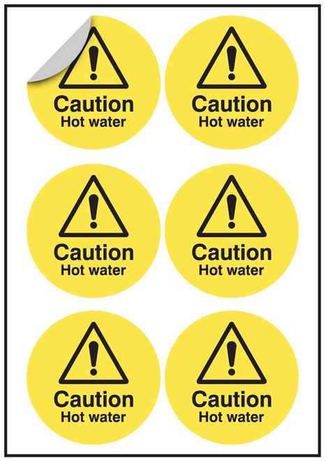 Caution hot water 65mm dia - sheet of 6 - Safety Sign Caution hot water 65mm dia - sheet of 6 - Safety Sign
