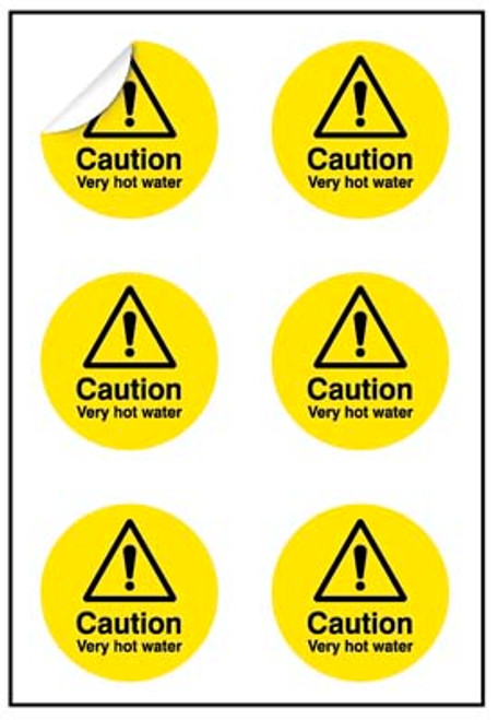 Caution Very hot water 65mm dia - sheet of 6 - Safety Sign Caution Very hot water 65mm dia - sheet of 6 - Safety Sign